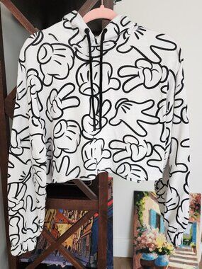 Cropped Mickey Gloves Hoodie Oversized Streetwear Y2K White Black Graphic Pullov